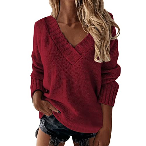 Damen Strickpullover Winter Langarm Pullover Sweatshirt Warm Strickpulli Sweater Elegant V-Ausschnitt Jumper Gestrickte Oberteile Lose Winterpulli Tops für Frauen von Kanpola Damen Sweatshirts