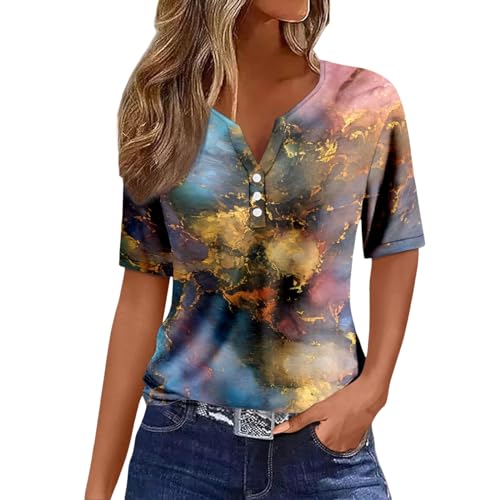 Kanpola Bluse Damen Elegant V-Ausschnitt T-Shirt Mode Bunte Drucken Lose Kurzarm Sommeroberteile Knopfleiste Tunika Tops Frauen Hemdbluse Freizeit Strand Oberteile Sommershirts von Kanpola Damen Sweatshirts