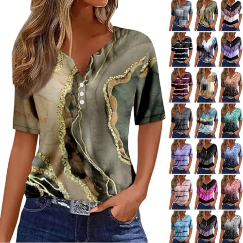 Kanpola Bluse Damen Elegant V-Ausschnitt T-Shirt Mode Bunte Drucken Lose Kurzarm Sommeroberteile Knopfleiste Tunika Tops Frauen Hemdbluse Freizeit Strand Oberteile Sommershirts von Kanpola Damen Sweatshirts