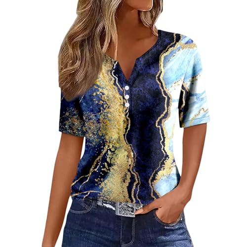 Kanpola Bluse Damen Elegant V-Ausschnitt T-Shirt Mode Bunte Drucken Lose Kurzarm Sommeroberteile Knopfleiste Tunika Tops Frauen Hemdbluse Freizeit Strand Oberteile Sommershirts von Kanpola Damen Sweatshirts