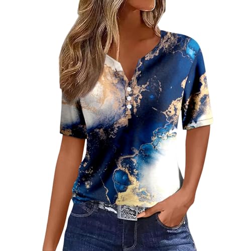 Kanpola Bluse Damen Elegant V-Ausschnitt T-Shirt Mode Bunte Drucken Lose Kurzarm Sommeroberteile Knopfleiste Tunika Tops Frauen Hemdbluse Freizeit Strand Oberteile Sommershirts von Kanpola Damen Sweatshirts