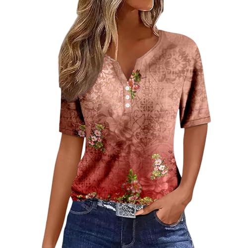 Kanpola Bluse Damen Elegant V-Ausschnitt T-Shirt Mode Bunte Drucken Lose Kurzarm Sommeroberteile Knopfleiste Tunika Tops Frauen Hemdbluse Freizeit Strand Oberteile Sommershirts von Kanpola Damen Sweatshirts