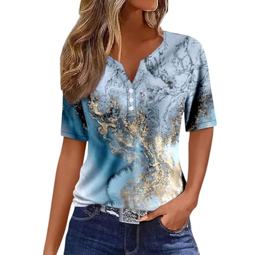 Kanpola Bluse Damen Elegant V-Ausschnitt T-Shirt Mode Bunte Drucken Lose Kurzarm Sommeroberteile Knopfleiste Tunika Tops Frauen Hemdbluse Freizeit Strand Oberteile Sommershirts von Kanpola Damen Sweatshirts