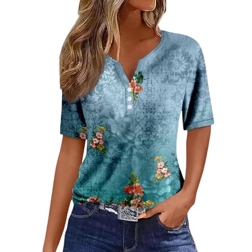 Kanpola Bluse Damen Elegant V-Ausschnitt T-Shirt Mode Bunte Drucken Lose Kurzarm Sommeroberteile Knopfleiste Tunika Tops Frauen Hemdbluse Freizeit Strand Oberteile Sommershirts von Kanpola Damen Sweatshirts