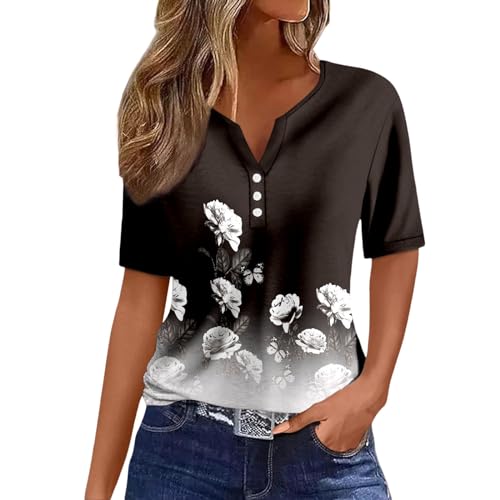 Kanpola Bluse Damen Elegant V-Ausschnitt T-Shirt Mode Bunte Drucken Lose Kurzarm Sommeroberteile Knopfleiste Tunika Tops Frauen Hemdbluse Freizeit Strand Oberteile Sommershirts von Kanpola Damen Sweatshirts