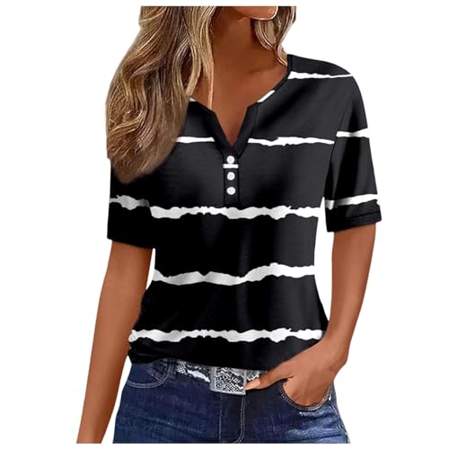 Kanpola Bluse Damen Elegant V-Ausschnitt T-Shirt Mode Bunte Drucken Lose Kurzarm Sommeroberteile Knopfleiste Tunika Tops Frauen Hemdbluse Freizeit Strand Oberteile Sommershirts von Kanpola Damen Sweatshirts