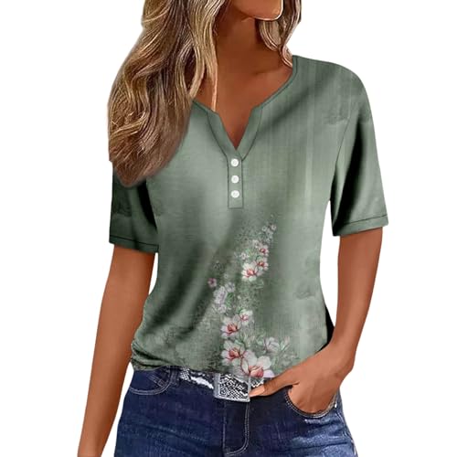 Kanpola Bluse Damen Elegant V-Ausschnitt T-Shirt Mode Bunte Drucken Lose Kurzarm Sommeroberteile Knopfleiste Tunika Tops Frauen Hemdbluse Freizeit Strand Oberteile Sommershirts von Kanpola Damen Sweatshirts