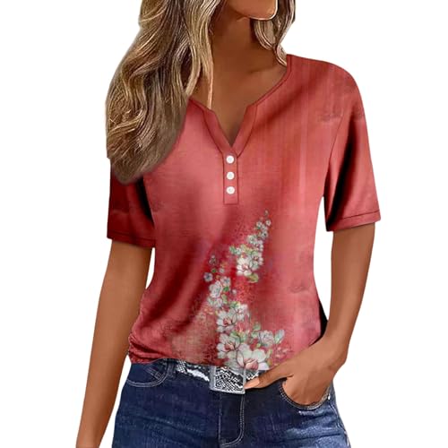 Kanpola Bluse Damen Elegant V-Ausschnitt T-Shirt Mode Bunte Drucken Lose Kurzarm Sommeroberteile Knopfleiste Tunika Tops Frauen Hemdbluse Freizeit Strand Oberteile Sommershirts von Kanpola Damen Sweatshirts