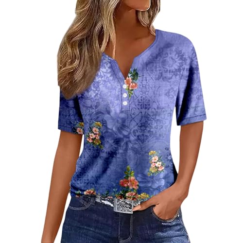 Kanpola Bluse Damen Elegant V-Ausschnitt T-Shirt Mode Bunte Drucken Lose Kurzarm Sommeroberteile Knopfleiste Tunika Tops Frauen Hemdbluse Freizeit Strand Oberteile Sommershirts von Kanpola Damen Sweatshirts
