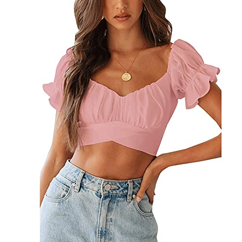 Kanpola Bluse Damen Tshirt Kurzarm V-Ausschnitt Shirt Crop Tops Sommer T-Shirt Oberteile mit Bandage Elegant Sommershirts Damenblusen Hemdbluse Puffärmel von Kanpola Damen Sweatshirts