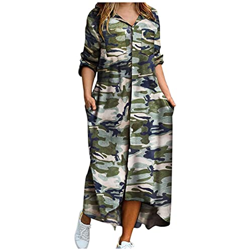 Kanpola Damen Blusen Kleider Camouflage Sommerkleid Sommer V-Ausschnitt Blusenkleid Hemdkleid Langarm Freizeitkleider Kleid mit Knopf Maxikleid Tunikakleider von Kanpola Damen Sweatshirts