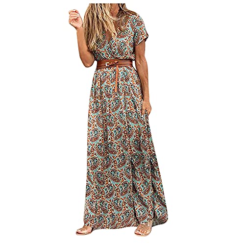 Kanpola Damen Kleid Sommerkleid Boho Kleid Kurzarm Freizeitkleider Maxikleid Blumenmuster Sommer V-Ausschnitt Strandkleid Blusenkleid Casual Dress mit Gürtel von Kanpola Damen Sweatshirts