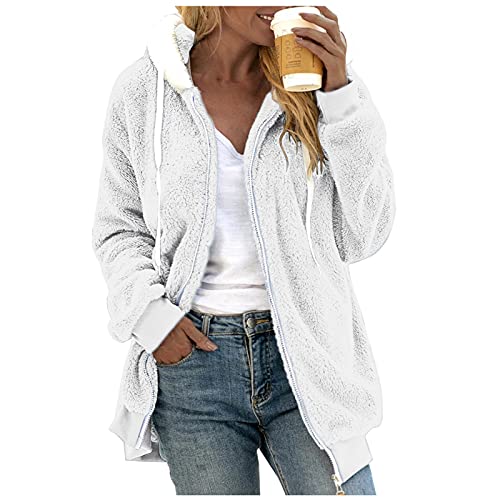 Kanpola Damen Plüschjacke Winterjacke Teddy Warm Hoodie Pullover Mit Kapuze Winter Reißverschluss Kapuzenjacke mit Tasches Einfarbig Lässige Jacken Mantel Oberteile von Kanpola Damen Sweatshirts