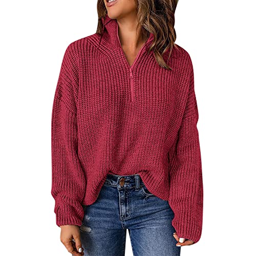 Kanpola Damen Pullover Langarm Sweatshirt Strickpullover Herbst Winter Stehkragen Pulli Sweater mit Reißverschluss Vintage Grobstrickpullover Oberteile Tops von Kanpola Damen Sweatshirts