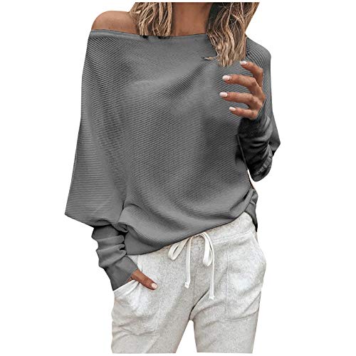 Kanpola Damen Pullover Sweatshirt Sexy Schulterfreie Shirts Frauen Langarmshirt Frühjahr Sommer Einfarbig Shirt Mode Elegant Hemd Lose Oberteile Tops von Kanpola Damen Sweatshirts