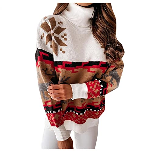 Kanpola Damen Pullover Weihnachtspullover Rollkragen Sweater Langarm Sweatshirt Pulli mit Norwegermuster Elegant Casual Weihnachtspulli Oberteil Top Loose Fit von Kanpola Damen Sweatshirts