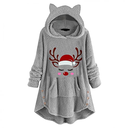 Kanpola Damen Sweatshirts Hoodie Weihnachtspullover Oversize Lang Teddy Kapuzenpullover Sweatshirt Winter Warm Plüsch Pullover Kapuzenpullis Weihnachten Hoody Geschenk, Zb - Grau, XXL von Kanpola Damen Sweatshirts