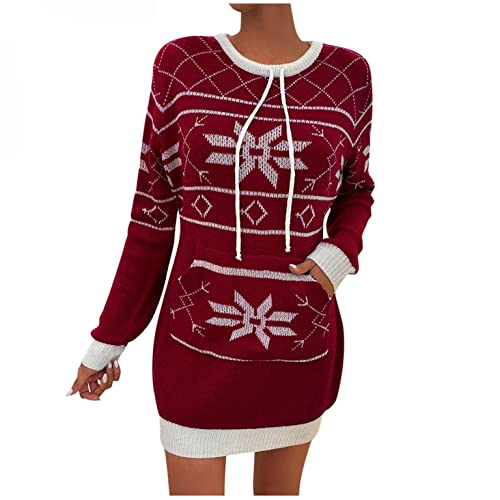 Kanpola Damen Weihnachtskleid Strickkleid Langarm Rundhals Pullover Pullikleid Winter Warm Pulloverkleid Minikleid Mode Weihnachten Party Kleid Dress mit Tasche und Kordelzug von Kanpola Damen Sweatshirts