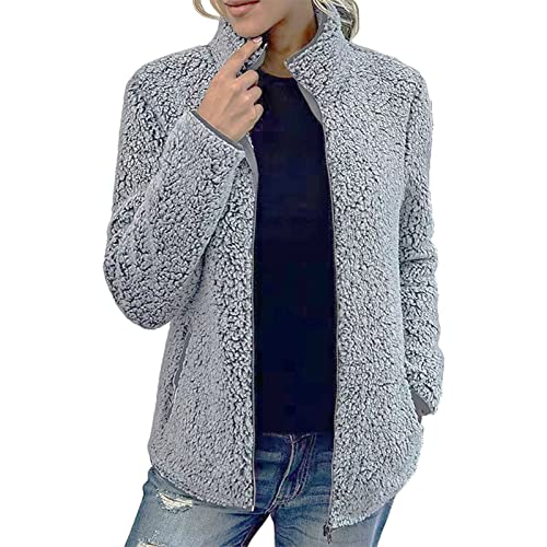 Kanpola Fleecejacke Damen Warm Winterjacke Langarm Plüschjacke Stehkragen Teddy Fleece Jacke Reißverschluss Mantel mit Taschen Lose Casual Wintermantel Outwear Oberteile von Kanpola Damen Sweatshirts