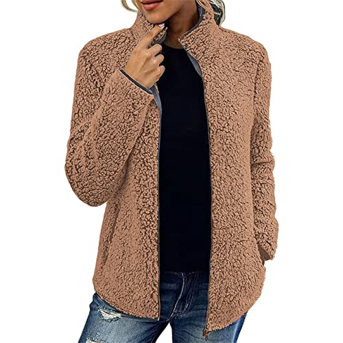 Kanpola Fleecejacke Damen Warm Winterjacke Langarm Plüschjacke Stehkragen Teddy Fleece Jacke Reißverschluss Mantel mit Taschen Lose Casual Wintermantel Outwear Oberteile von Kanpola Damen Sweatshirts