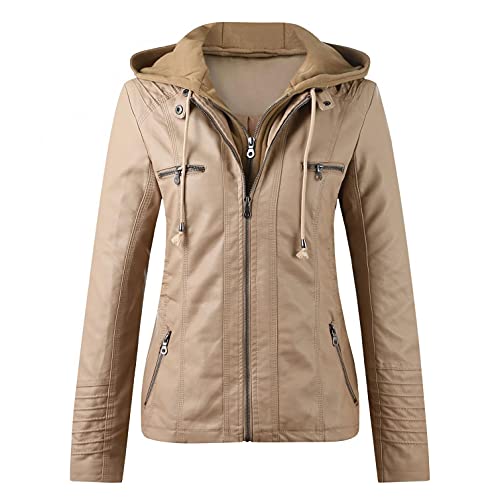 Kanpola Kunstleder Jacke Damen Lederjacke mit Kapuzen Große Größen Herbst Winter Langarm Motorrad Jacke Winterjacke Slim Fit Hoodie Mantel Streetwear mit Reißverschluss Tasche von Kanpola Damen Sweatshirts