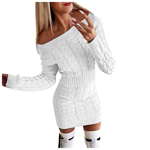 Kanpola Pullover Damen Pulloverkleid Sexy Schulterfrei Strickkleid Minikleid mit Zopfmuster Langarm Dress Sweatshirt Herbst Winter Elegante Kleider von Kanpola Damen Sweatshirts