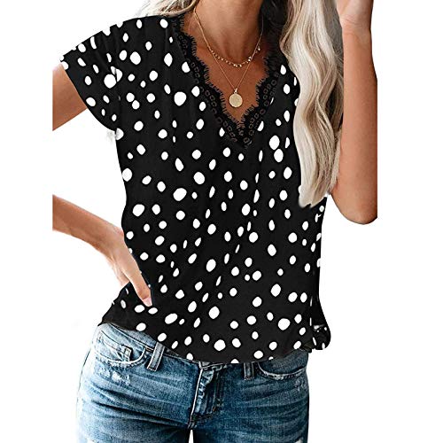 Kanpola Spitze T-Shirt Damen Kurzarm Bluse V-Ausschnitt Printed Hemd Shirt Sommer Punkten Bluse Hemdbluse Elegant Blusentops Oberteile Sommerbluse von Kanpola Damen Sweatshirts