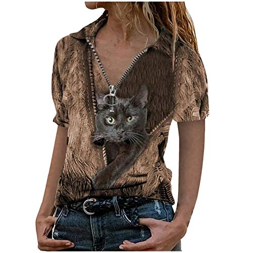 Kanpola T-Shirt Damen 3D Kurzarm Bluse Katze Drucken Frauen Tshirt Modern Revers Shirt Sommer Oberteile mit Reißverschluss Lose Hemdbluse Damentshirts von Kanpola Damen Sweatshirts