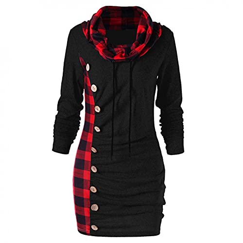 Kanpola Weihnachtskleid Damen Hoodie Kleid Langarm Kariertes Kapuzenpullover Pullover Winter Knopf Sweatshirt Elegant Shirtkleider Schmaler Rock von Kanpola Damen Sweatshirts