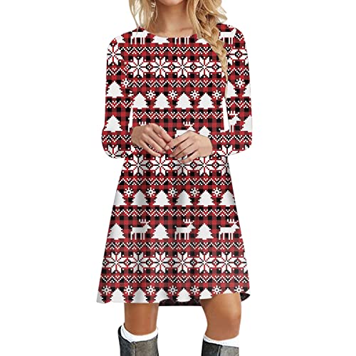 Kanpola Weihnachtskleid Damen Langarm Pullover Kleid Herbst Winter Rundhals Minikleid Rentier Druck Weihnachten Kleider Elegant Weihnachtsfeier Blusenkleid Oberteile von Kanpola Damen Sweatshirts