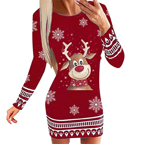 Kanpola Weihnachtskleid Damen Lustig Rentier Pulloverkleid Sexy Rundhals Minikleid Herbst Winter Langarm Kleid Weihnachtsfest Kleider Freizeitkleid von Kanpola Damen Sweatshirts