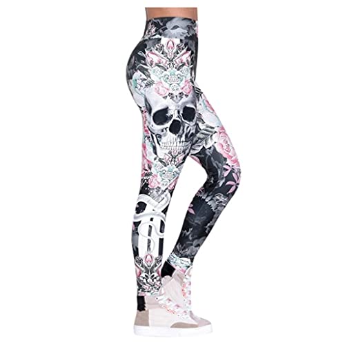 Kanpola Damen Top Sport Leggings mit Totenkopf Print Yoga Hose Eng Fitnesshose Lang Strumpfhose Fitness Tights Jogginghose Sommer Herbst Winter, Rosa, 3XL, Kanpola-hose-01182 von HizoeChu