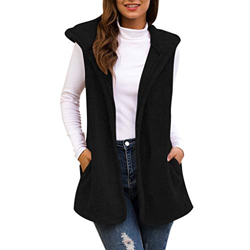Damen Weste Teddy-Fleece äRmellos Jacke mit Kaputze,Kanpola Herbst Winter Lose Longweste Casual Lang Cardigan von HizoeChu