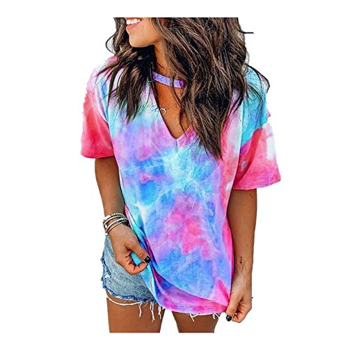 Kanpola Batik T-Shirt V-Ausschnitt Shirt Damen Kurzarm LäSsig Bluse Tops Sommer Longshirt Loose Fit Graffiti Pullover von HizoeChu