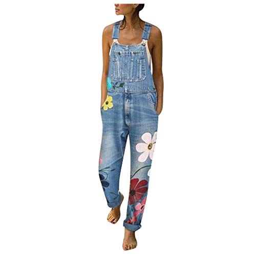 Kanpola Damen Latzhosen Lang Retro Jeanshose Jeanslatzhose mit Blumendruck,Loose Fit Denim Hose Freizeit Overall Boyfriend Stylisch Jumpsuit von Kanpola Damen Top