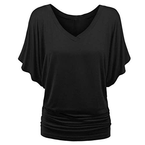 Kanpola Fledermausärmel Blusen Damen Sommer Locker T-Shirt V-Ausschnitt Oberteil Kurzarm Basic Shirts (36, Schwarz) von Kanpola Damen Top