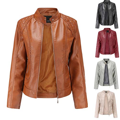 Kanpola Lederjacke Damen Kurz Bikerjacke Stehkragen üBergangsjacke Mit Zip Herbstjacke Kunstlederjacke Langarm Cardigan Streetwear Windbreaker von Kanpola Damen Top