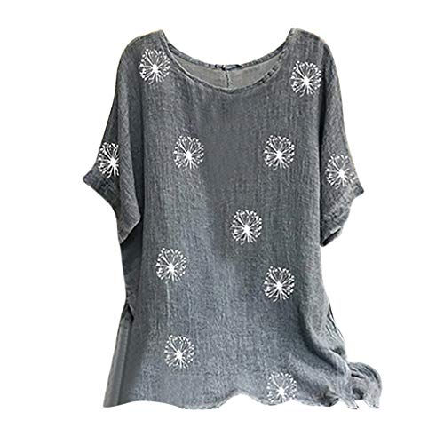 Kanpola Leinen Top Bluse Damen Kurzarm Oversize Shirt Sommer Blumen T-Shirt Rundhals Longshirt Retro Casual ÜBergrößE Oberteile Loose Fit von HizoeChu