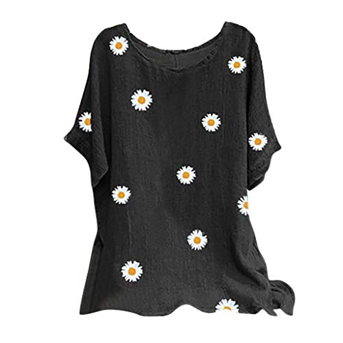 Kanpola Leinen Top Bluse Damen Kurzarm Oversize Shirt Sommer Blumen T-Shirt Rundhals Longshirt Retro Casual ÜBergrößE Oberteile Loose Fit von Kanpola Damen Top