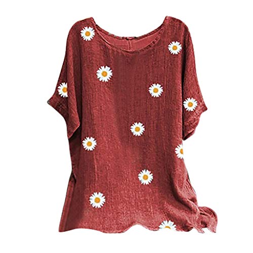 Kanpola Leinen Top Bluse Damen Kurzarm Oversize Shirt Sommer Blumen T-Shirt Rundhals Longshirt Retro Casual ÜBergrößE Oberteile Loose Fit von Kanpola Damen Top