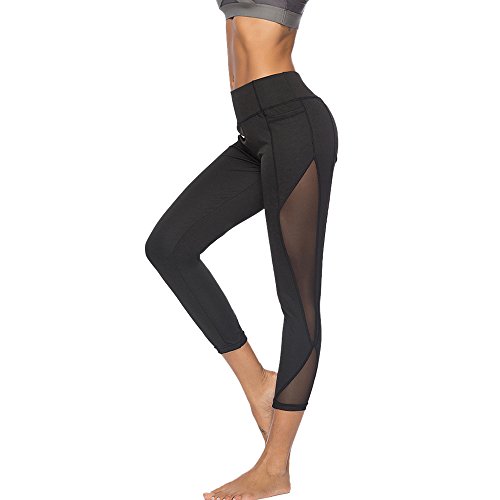 Leggings mit Mesh Damen Yoga Sport Hose High Waist Workout Tights 3/4 Strumpfhose Schwarz Jogginghose Trainingshose Kanpola von HizoeChu