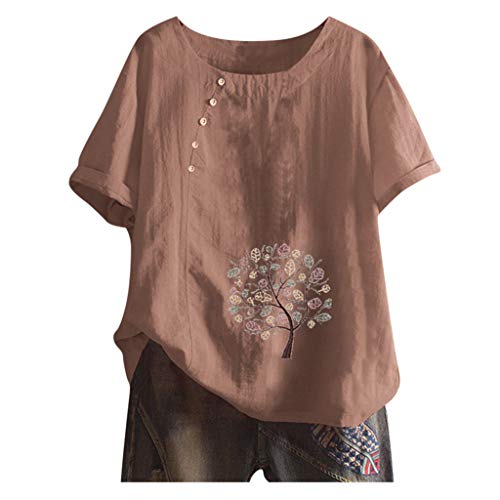 Leinenbluse Damen Kurzarm Große Größen Shirt Mädchen Sommer T-Shirt mit Vintage Drucken Lose Casual Oberteil Top mit Knopfdekoration Kanpola von Kanpola Damen