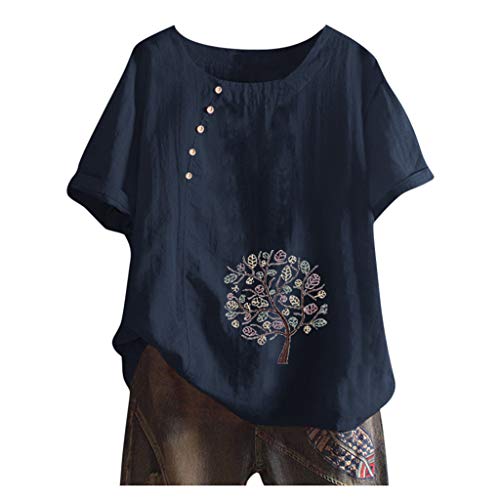 Leinenbluse Damen Kurzarm Große Größen Shirt Mädchen Sommer T-Shirt mit Vintage Drucken Lose Casual Oberteil Top mit Knopfdekoration Kanpola von Kanpola Damen