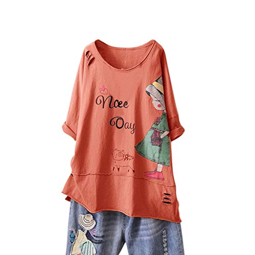 T-Shirt Leinen Bluse Damen Kurzarm Oversize Shirt Bedruckt Lose Oberteil Sommer Unterziehshirt aus Baumwolle & Leinen Kanpola von Kanpola Damen