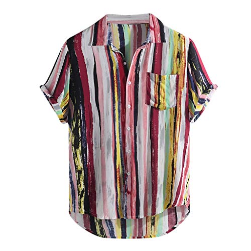 Herren Hemd Gestreiftes Oversize Shirt Bunte Freizeithemd Kurzarm Hawaiihemd Viskose Hemd Regenbogen Oberhemden Mit Kent Kragen Sommer von Kanpola Herren T-Shirts