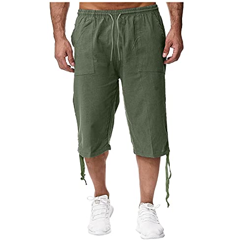 Kanpola Hose Herren Leinenhose 3/4 Hosen Einfarbig Sommerhose Freizeithose Männer Leinen Sporthose Jogginghose Loose Strandhosen Herrenhose mit Tasche von Kanpola Herren Top