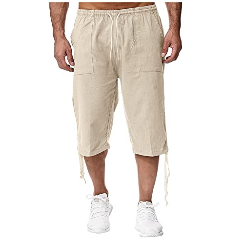 Kanpola Hose Herren Leinenhose 3/4 Hosen Einfarbig Sommerhose Freizeithose Männer Leinen Sporthose Jogginghose Loose Strandhosen Herrenhose mit Tasche von Kanpola Herren Top