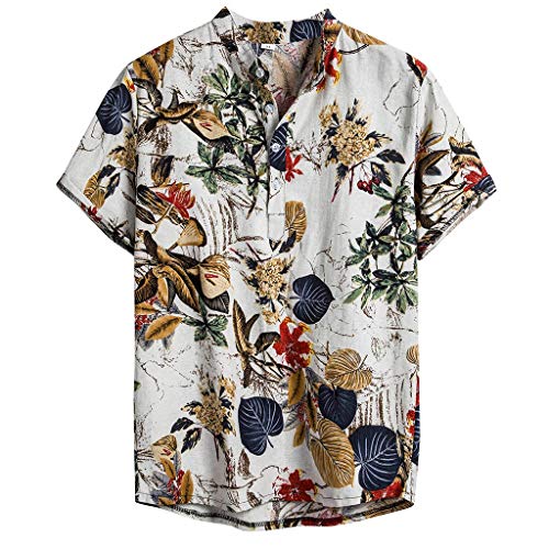 Kanpola Leinenhemd Herren Hemden Kurzarm Freizeithemd Hawaii Blumen Gedruckt Hemd Sommer Locker Shirt Strand Atmungsaktives Kurzarmhemd Männer XL von Kanpola Herren Top