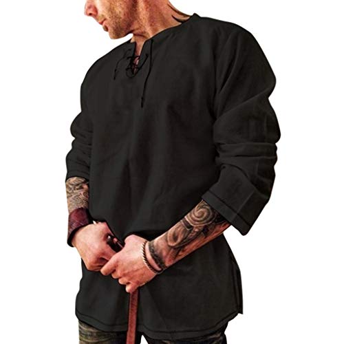 Kanpola Leinenhemd Langarmshirt Herren Rundhals Hemd Freizeithemd Vintage Mittelalter Shirt Herbst Winter Langarmhemd Hemden Baumwoll Leinen Oberteil mit Schnürung von Kanpola Herren Top