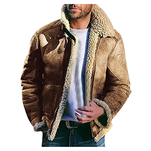 Kanpola Plüschjacke Herren Winterjacke Warm Jacke Teddyfutter Lederjacke Herbst Winter Revers Fleecejacke mit Reißverschluss Mode Bikerjacke Outdoorjacke von Kanpola Herren Top